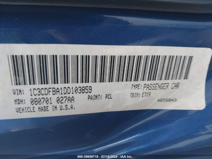 2013 Dodge Dart Sxt VIN: 1C3CDFBA1DD103859 Lot: 39859718