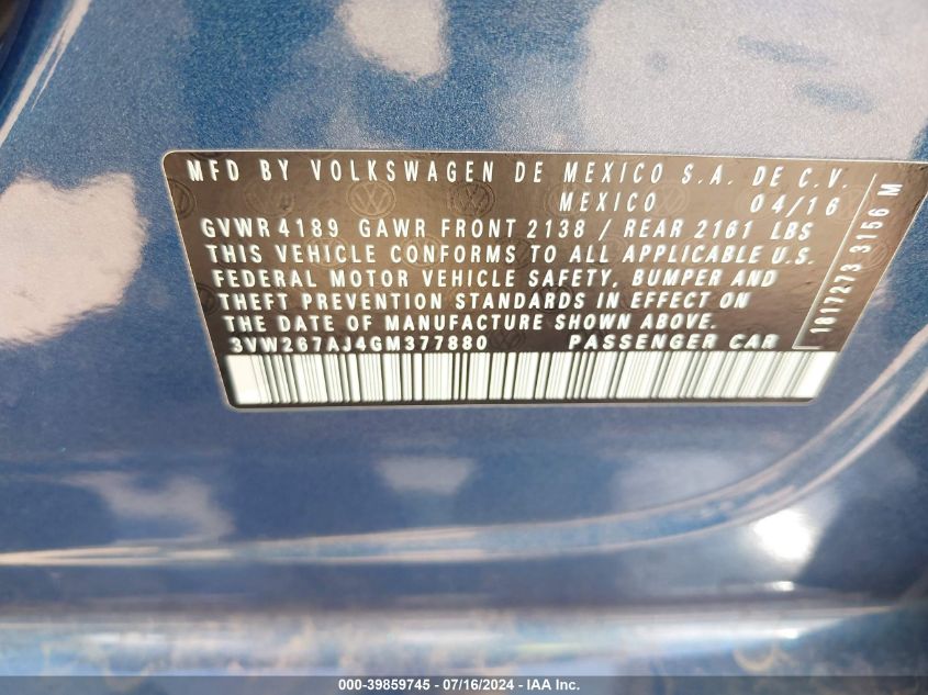 2016 Volkswagen Jetta 1.4T S VIN: 3VW267AJ4GM377880 Lot: 39859745