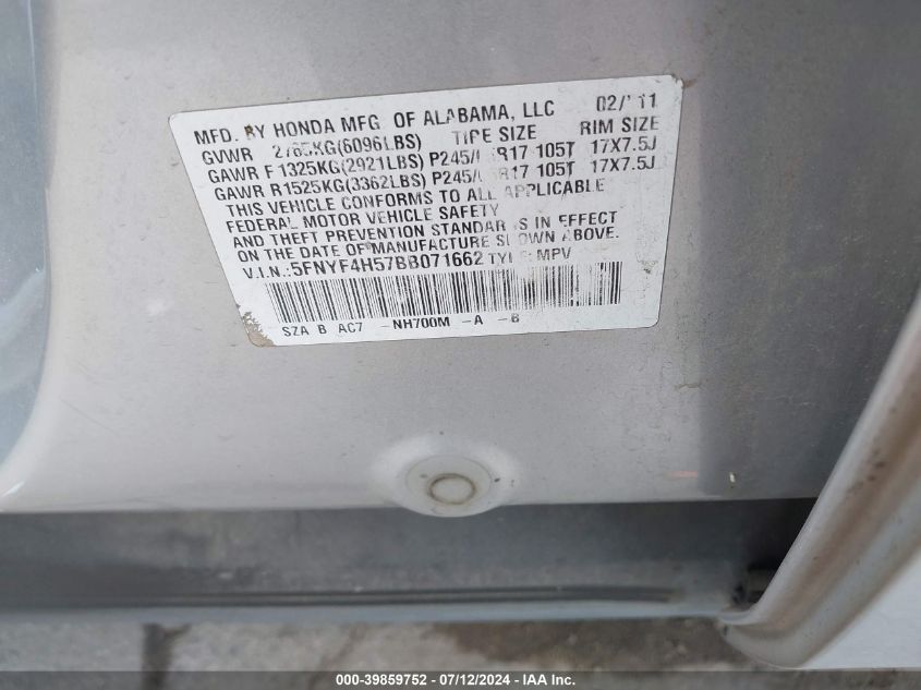 2011 Honda Pilot Ex-L VIN: 5FNYF4H57BB071662 Lot: 39859752