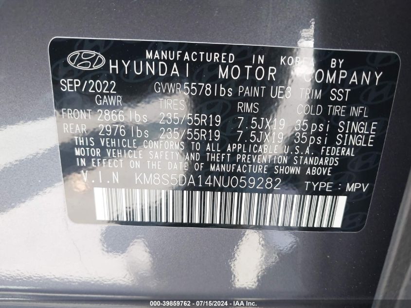 2022 Hyundai Santa Fe Hybrid Limited VIN: KM8S5DA14NU059282 Lot: 39859762