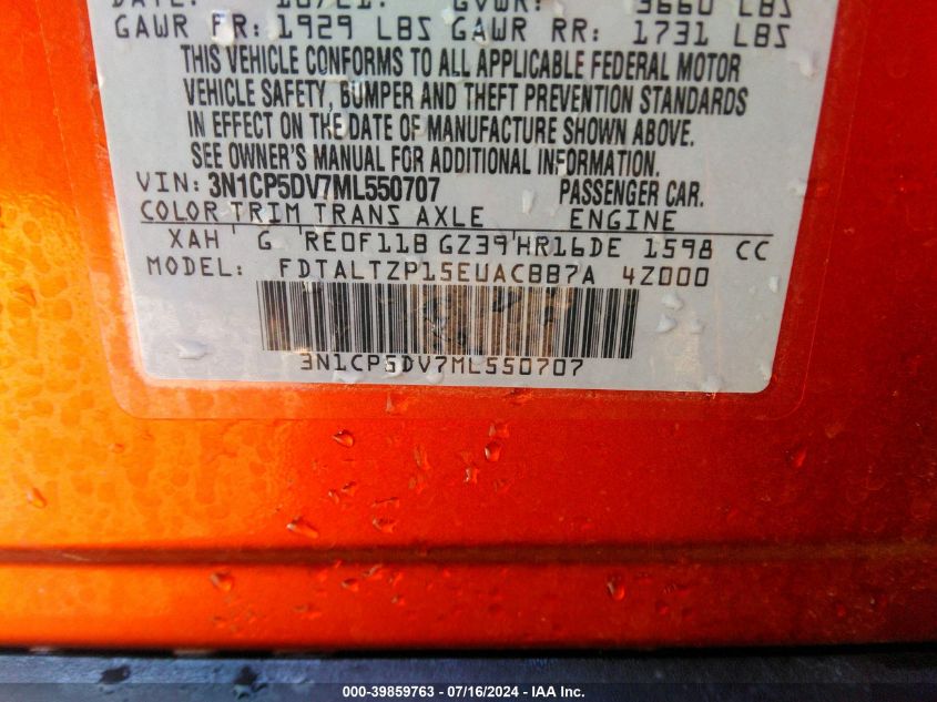 2021 Nissan Kicks Sr Xtronic Cvt VIN: 3N1CP5DV7ML550707 Lot: 39859763