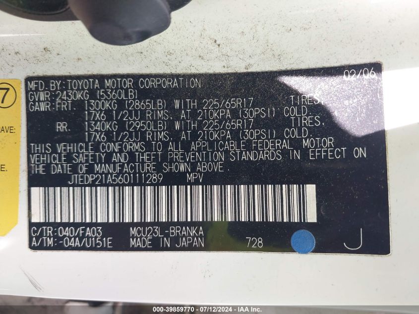 2006 Toyota Highlander Limited V6 VIN: JTEDP21A560111289 Lot: 39859770