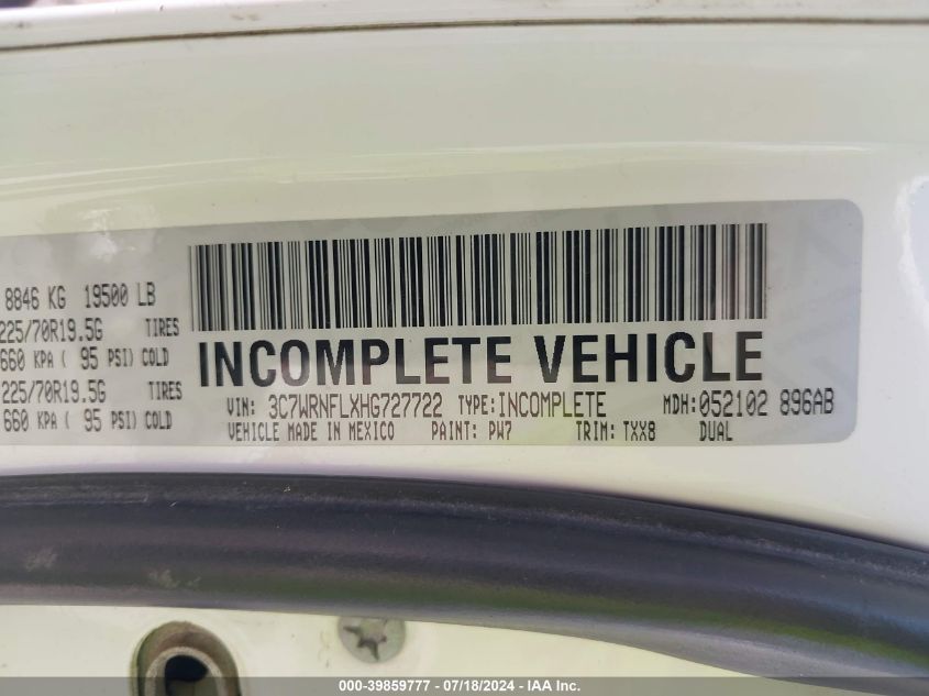 2017 Ram 5500 Chassis Tradesman/Slt/Laramie VIN: 3C7WRNFLXHG727722 Lot: 39859777