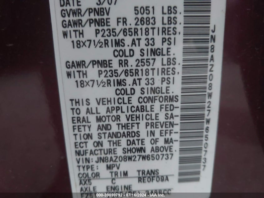 2007 Nissan Murano Sl VIN: JN8AZ08W27W650737 Lot: 39859792
