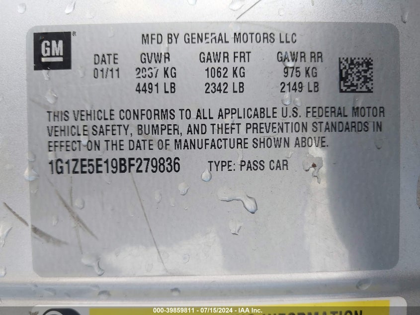 2011 Chevrolet Malibu Ltz VIN: 1G1ZE5E19BF279836 Lot: 39859811