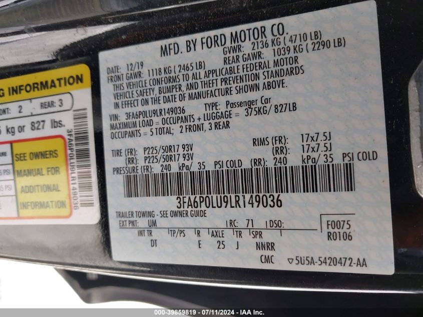 2020 FORD FUSION HYBRID SE - 3FA6P0LU9LR149036