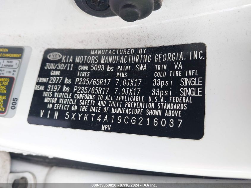 2012 Kia Sorento Lx VIN: 5XYKT4A19CG216037 Lot: 39859828