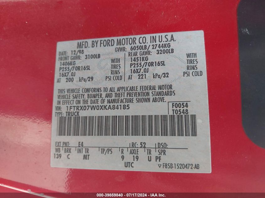 1999 Ford F-150 Lariat/Work Series/Xl/Xlt VIN: 1FTRX07W0XKA84185 Lot: 39859840