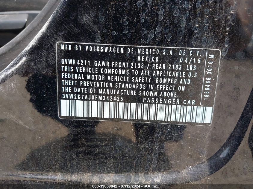 2015 VOLKSWAGEN JETTA 2.0L S - 3VW2K7AJ0FM342425