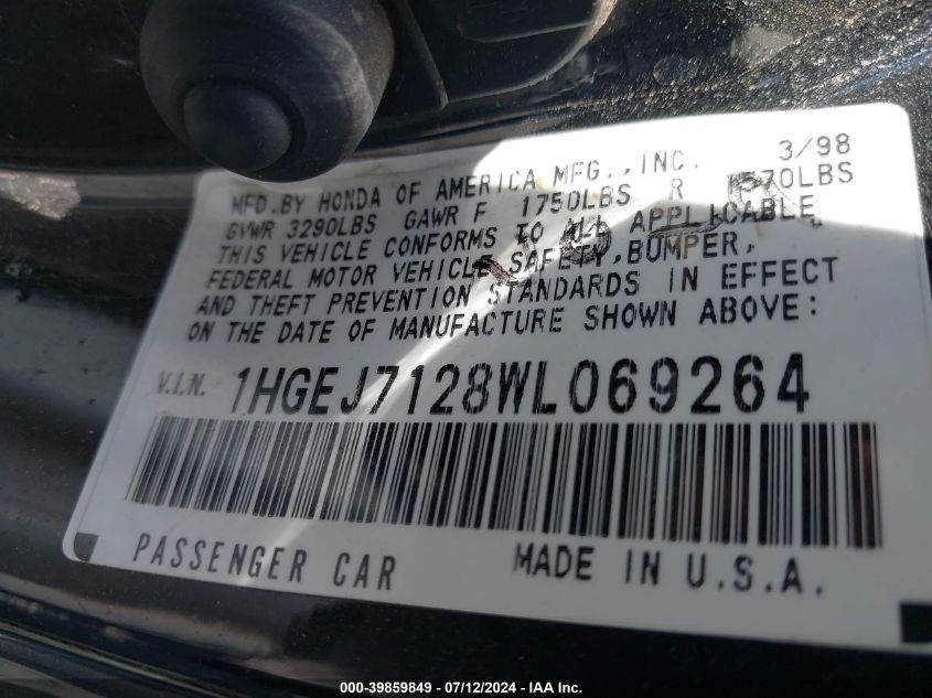 1998 Honda Civic Hx VIN: 1HGEJ7128WL069264 Lot: 39859849