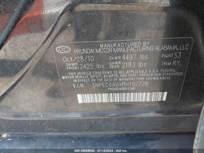 5NPEC4ABXBH192778 | 2011 HYUNDAI SONATA