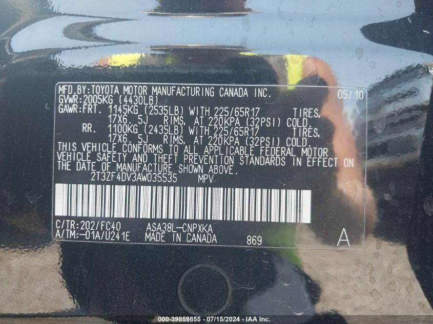 2010 Toyota Rav4 VIN: 2T3ZF4DV3AW035535 Lot: 39859855