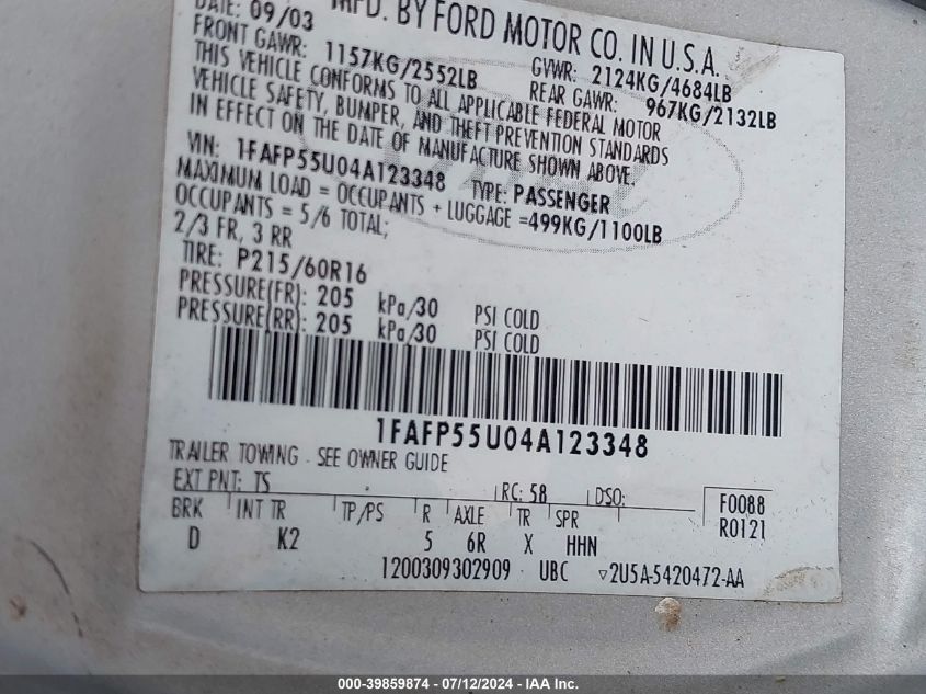 2004 Ford Taurus Ses VIN: 1FAFP55U04A123348 Lot: 39859874