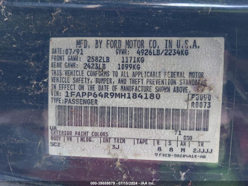 1991 Ford Thunderbird Super Coupe VIN: 1FAPP64R9MH184180 Lot: 39859879
