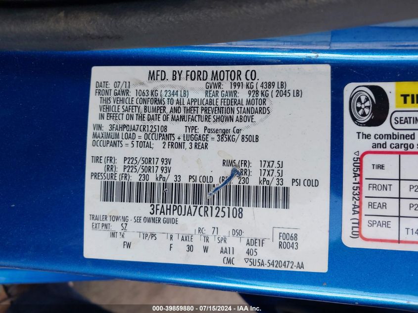 2012 Ford Fusion Sel VIN: 3FAHP0JA7CR125108 Lot: 39859880