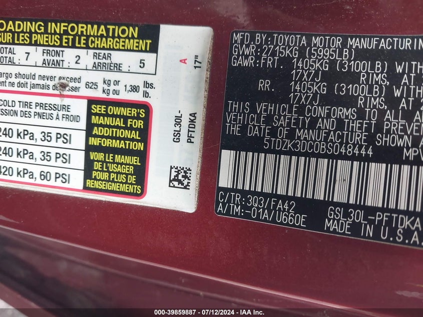 2011 Toyota Sienna Base V6 VIN: 5TDZK3DC0BS048444 Lot: 39859887