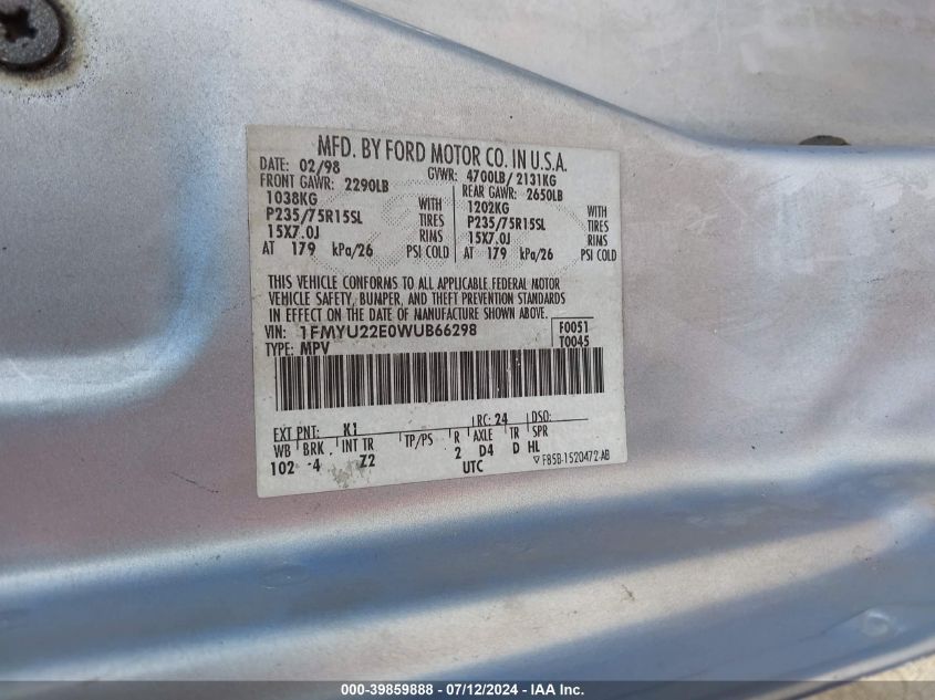 1998 Ford Explorer Sport VIN: 1FMYU22E0WUB66298 Lot: 39859888