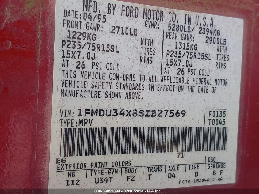 1995 Ford Explorer VIN: 1FMDU34X8SZB27569 Lot: 39859894