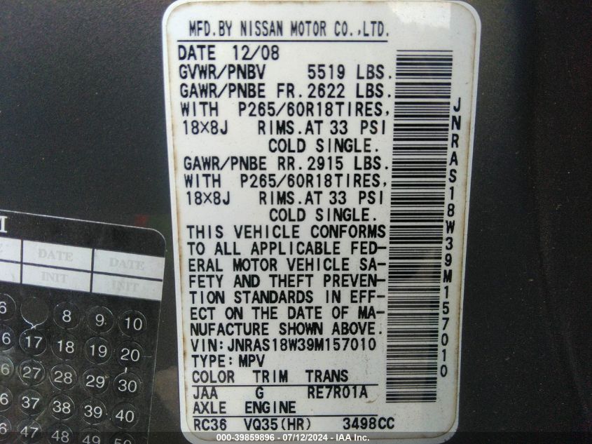 2009 Infiniti Fx35 VIN: JNRAS18W39M157010 Lot: 39859896