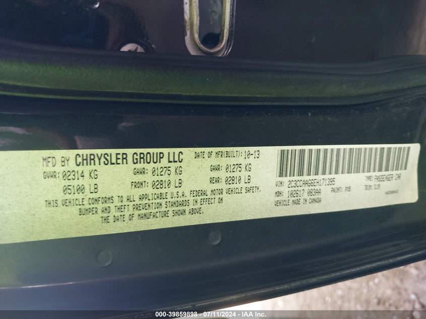 2014 Chrysler 300 VIN: 2C3CCAAG6EH171395 Lot: 39859898