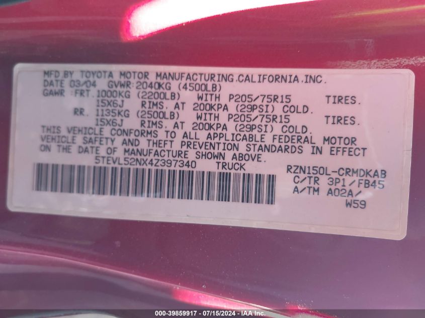 2004 Toyota Tacoma VIN: 5TEVL52NX4Z397340 Lot: 39859917