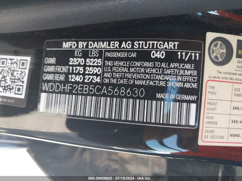 2012 Mercedes-Benz E 350 Bluetec VIN: WDDHF2EB5CA568630 Lot: 39859920