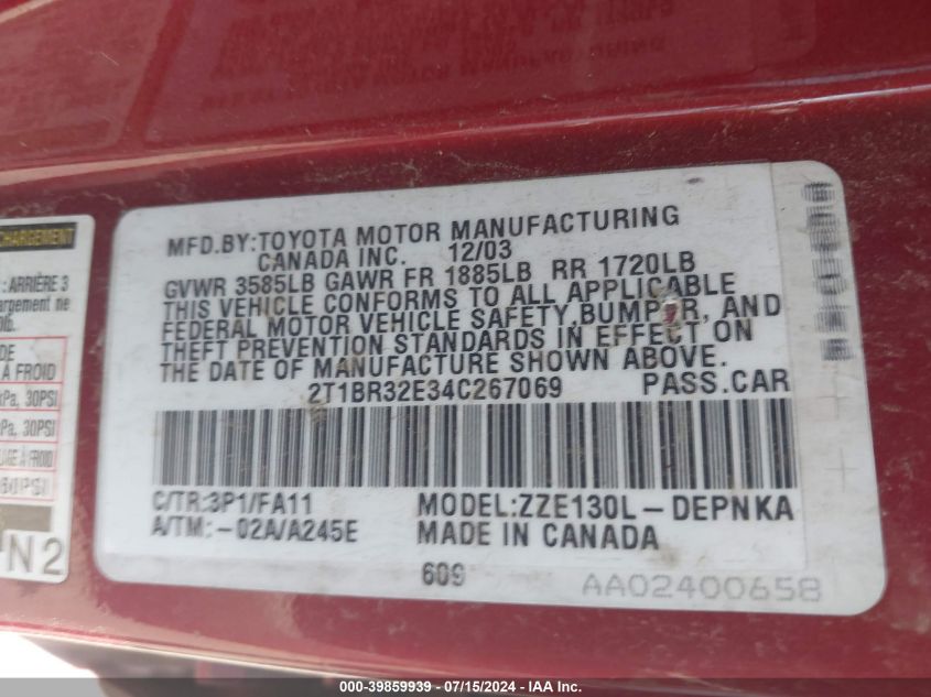 2004 Toyota Corolla Le VIN: 2T1BR32E34C267069 Lot: 39859939