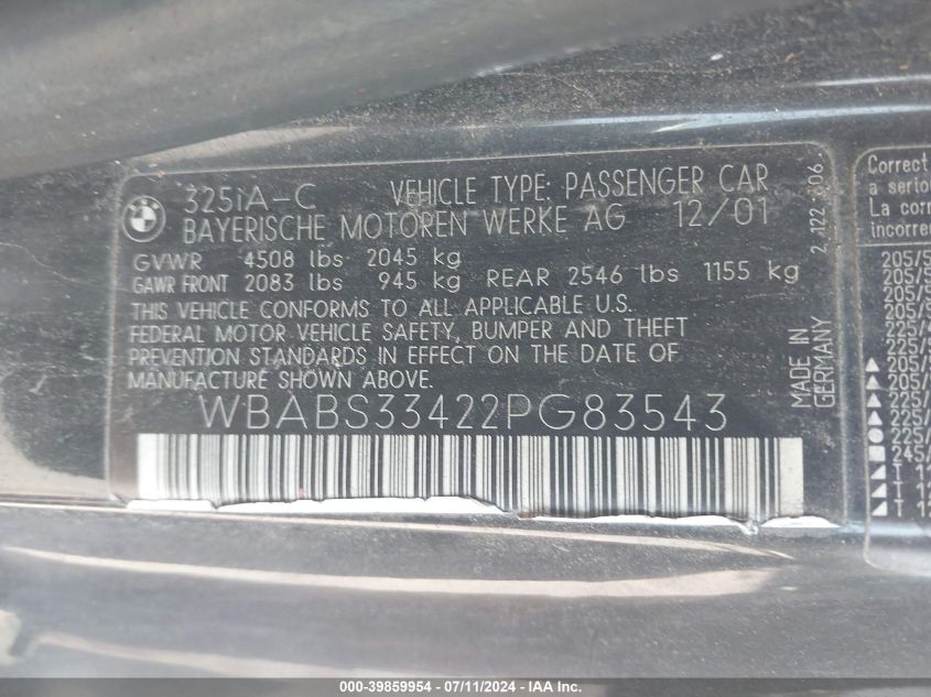2002 BMW 325Ci VIN: WBABS33422PG83543 Lot: 39859954