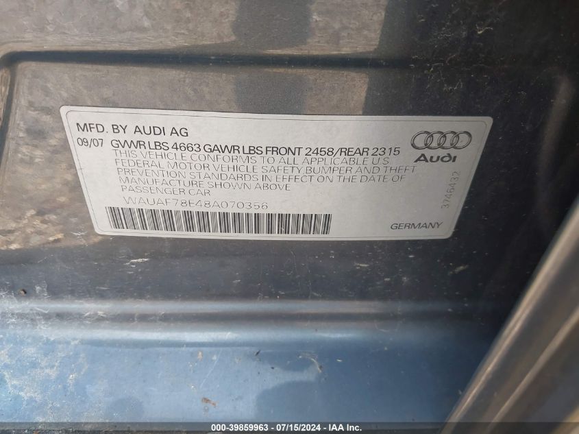 2008 Audi A4 2.0T/2.0T Special Edition VIN: WAUAF78E48A070356 Lot: 39859963