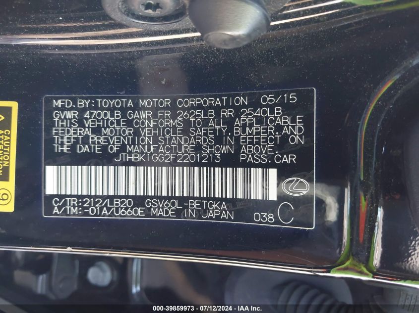 2015 Lexus Es 350 VIN: JTHBK1GG2F2201213 Lot: 39859973