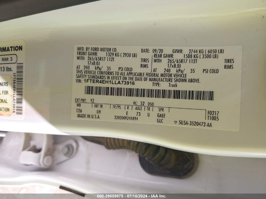2020 FORD RANGER XL - 1FTER4EH1LLA73916