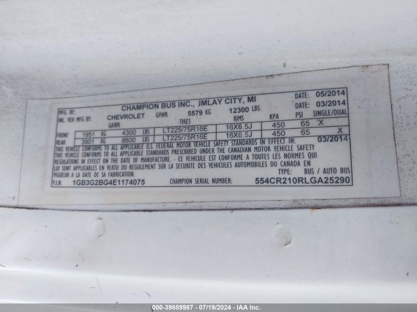 2014 Chevrolet Express Cutaway 3500 VIN: 1GB3G2BG4E1174075 Lot: 39859987