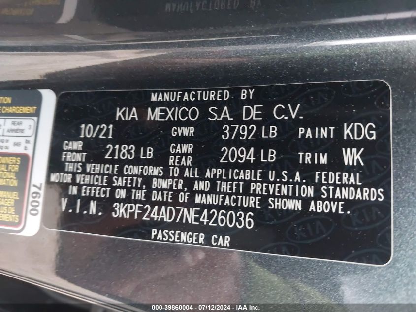 2022 Kia Forte Fe VIN: 3KPF24AD7NE426036 Lot: 39860004