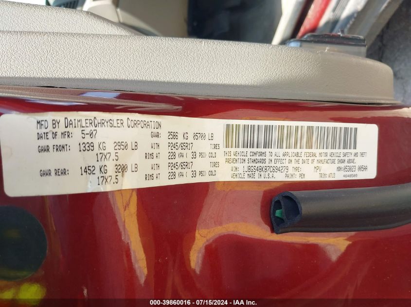 2007 Jeep Grand Cherokee Laredo VIN: 1J8GS48K87C694279 Lot: 39860016