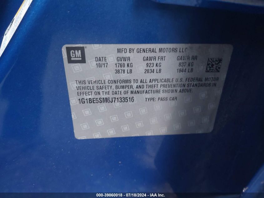 2018 Chevrolet Cruze Lt Auto VIN: 1G1BE5SM6J7133516 Lot: 39860018