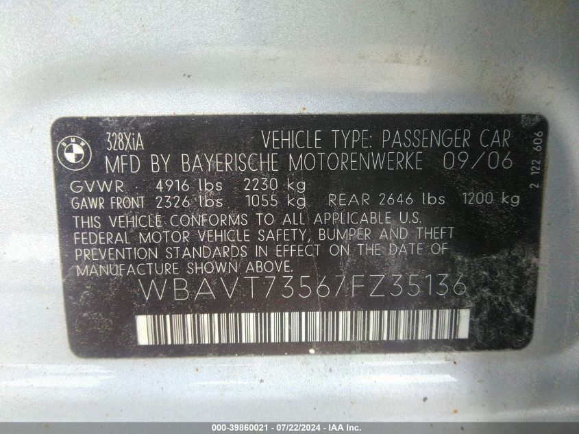 2007 BMW 328Xi VIN: WBAVT73567FZ35136 Lot: 39860021