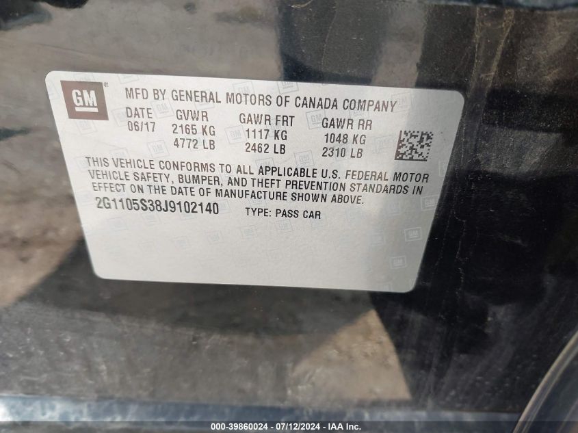 2018 Chevrolet Impala 1Lt VIN: 2G1105S38J9102140 Lot: 39860024