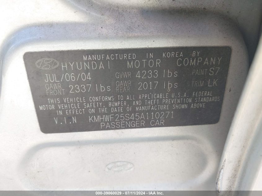 2005 Hyundai Sonata Gl VIN: KMHWF25S45A110271 Lot: 39860029