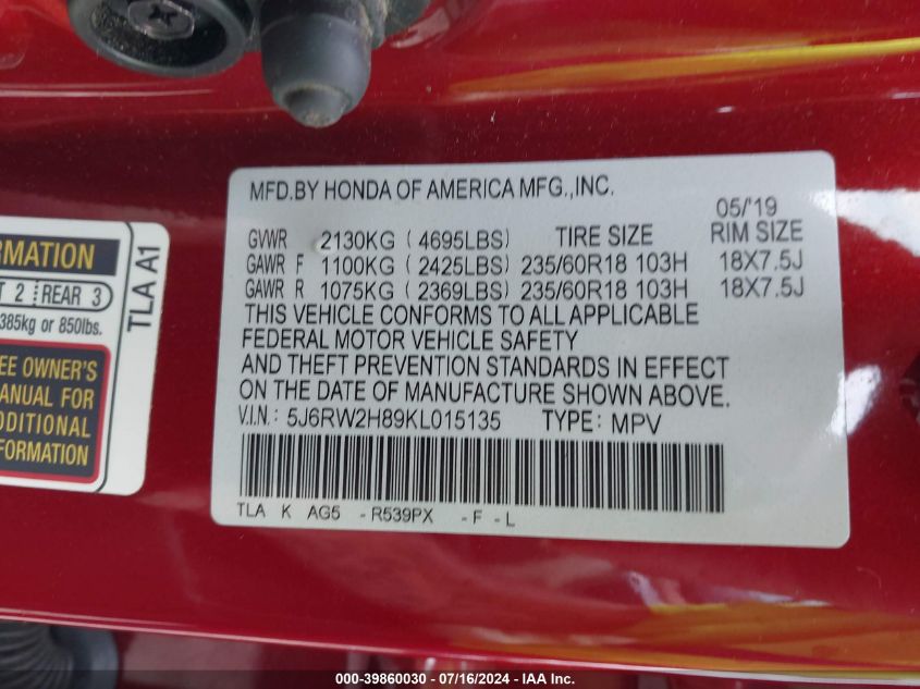 2019 Honda Cr-V Exl VIN: 5J6RW2H89KL015135 Lot: 39860030