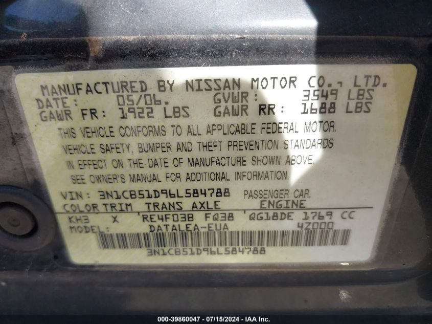 2006 Nissan Sentra 1.8S VIN: 3N1CB51D96L584788 Lot: 39860047