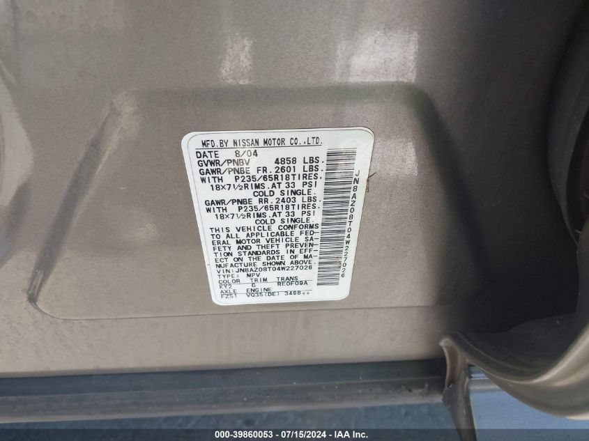 2004 Nissan Murano Sl VIN: JN8AZ08T04W227026 Lot: 39860053