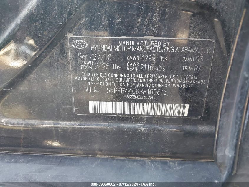 5NPEB4AC6BH165816 2011 Hyundai Sonata Gls