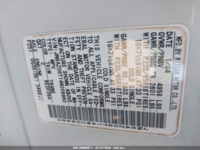 2004 Nissan Murano Sl VIN: JN8AZ08T14W209960 Lot: 39860071