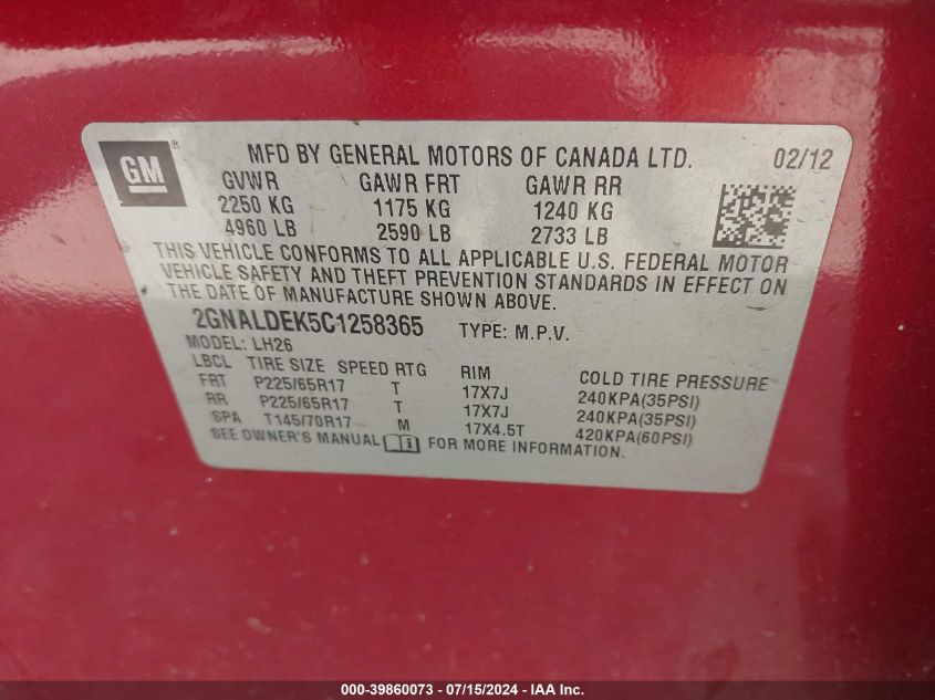 2012 Chevrolet Equinox 1Lt VIN: 2GNALDEK5C1258365 Lot: 39860073