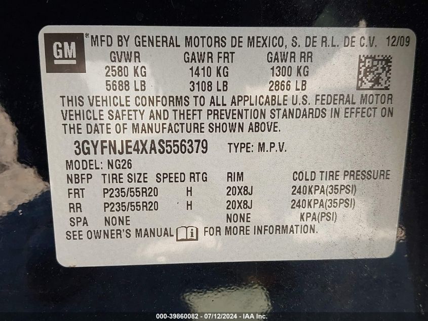 2010 Cadillac Srx Performance Collection VIN: 3GYFNJE4XAS556379 Lot: 39860082