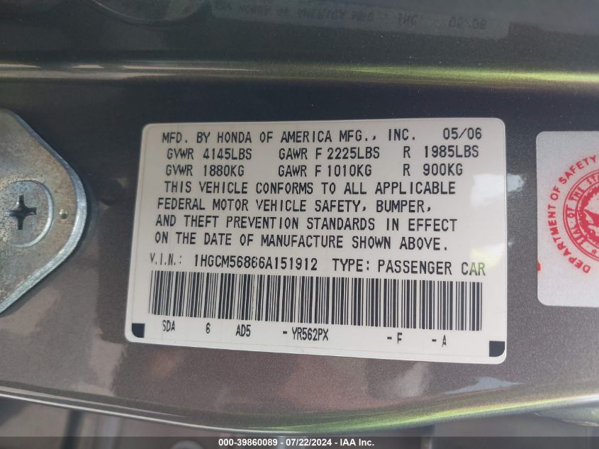 2006 Honda Accord 2.4 Ex VIN: 1HGCM56866A151912 Lot: 39860089