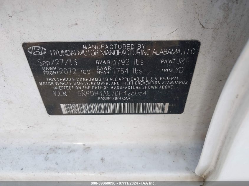 2013 Hyundai Elantra Gls VIN: 5NPDH4AE7DH428054 Lot: 39860098