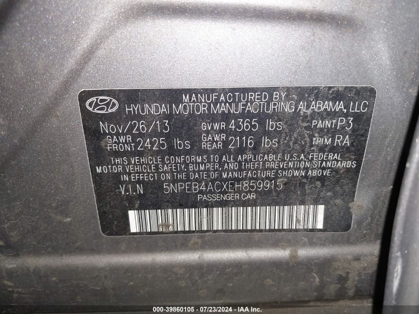 5NPEB4ACXEH859915 2014 Hyundai Sonata Gls
