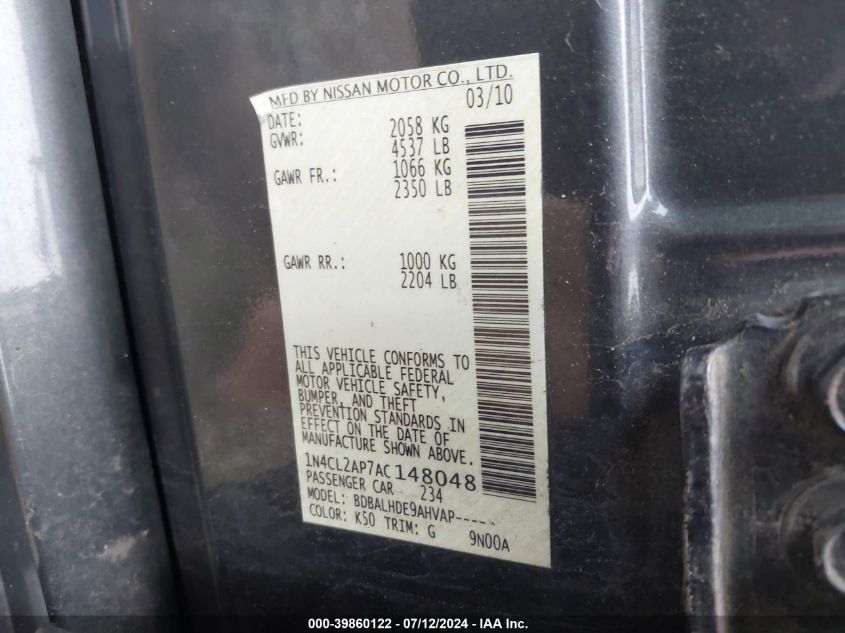 2010 Nissan Altima Hybrid VIN: 1N4CL2AP7AC148048 Lot: 39860122