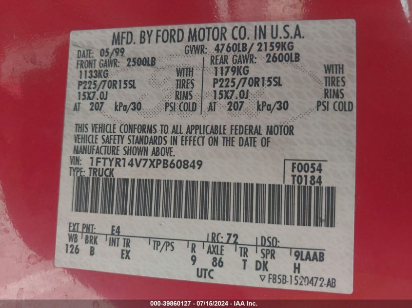 1999 Ford Ranger Xl/Xlt VIN: 1FTYR14V7XPB60849 Lot: 39860127